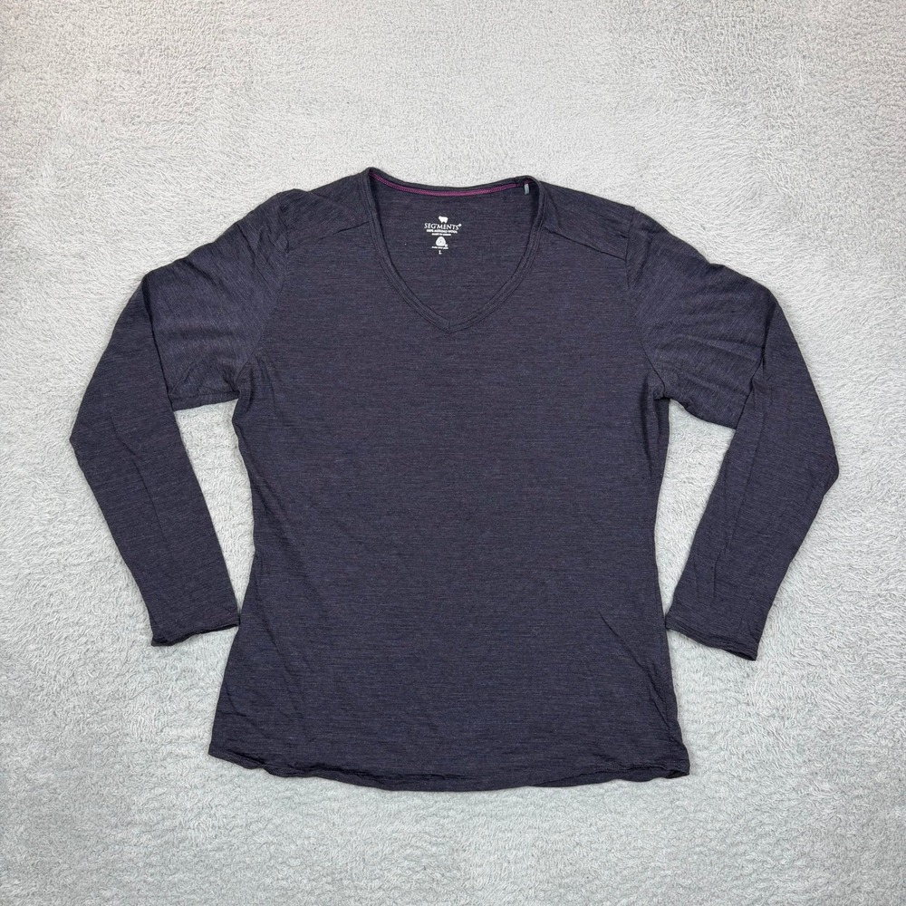 Segments Womens Large 100% Merino Wool V-Neck Long Sleeve Top Charcoal Purple